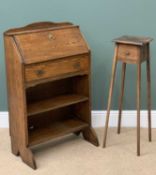 ARTS & CRAFTS STYLE POLISHED OAK BUREAU with two lower shelves and central drawer, 105cms H, 64cms
