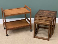 MID-CENTURY TEAK TYPE TWO TIER TEA TROLLEY, 83cms H, 69cms W, 46cms D and a nest of three similar