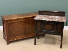 ANTIQUE OAK BLANKET BOX with decorative panels to the fronts and ends, 71cms H, 122cms W, 45cms D