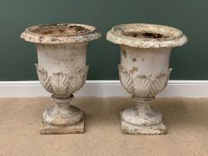 GARDEN STONEWARE - a pair of good sized urns on square bases, 77cms H, 62cms diameter