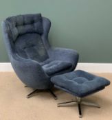 MID-CENTURY ANNE JACOBSEN STYLE EASY CHAIR & MATCHING FOOTSTOOL with swivel and sprung base,