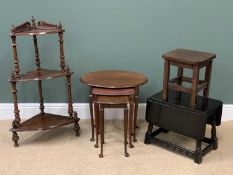 FURNITURE ASSORTMENT - antique walnut corner floorstanding whatnot, 100cms H, 35cms W, 35cms D, an