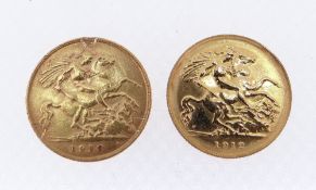 TWO GOLD HALF SOVEREIGNS, dated 1910 and 1912, 7.9gms overall (2) Provenance: deceased estate