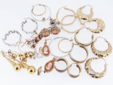 VARIOUS MAINLY 9CT GOLD EARRINGS of various designs including cameo, gem set, drop, double loop ETC,