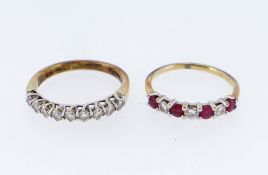 TWO YELLOW GOLD RINGS comprising 18ct gold nine stone diamond ring, together with yellow gold