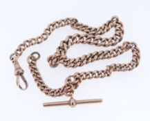 9CT GOLD ALBERT WATCH CHAIN, having graduated curb links and T-bar, 34cms long, 41.6gms