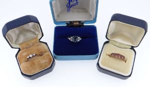 THREE LADIES RINGS, including 9ct gold 5-stone ruby ring, ring size M, tot wt. rubies appr. 0.45cts;