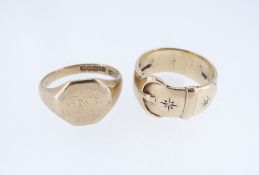 TWO 9CT GOLD RINGS comprising octagonal engraved signet ring together with diamond set buckle design