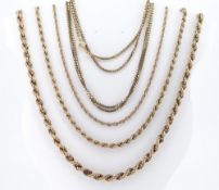 FIVE 9CT GOLD CHAINS comprising two spiral link examples, two box link examples and another similar,
