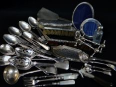ASSORTED EPNS & SILVER FLATWARE comprising cruets, photo frames, brushes ETC