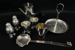 SMALL GROUP EPNS, including Asprey cafe au lait pot and jug, novelty chick egg cups & cruet on