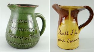 EWENNY POTTERY GREEN GLAZED JUG WITH UNUSUAL SGRAFFITO SCRIPT circa 1930s