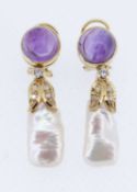 PAIR OF YELLOW GOLD AMETHYST, PEARL & DIAMOND DROP EARRINGS