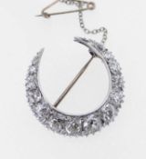 9CT GOLD & SILVER DIAMOND CRESCENT BROOCH