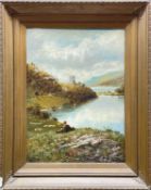 ALFRED FONTVILLE DE BREANSKI oil on canvas - figure with dog in landscape, entitled verso 'Dolbadern