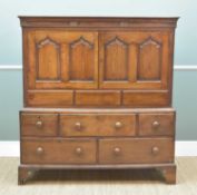 EARLY 19TH CENTURY WELSH OAK CUPBOARD, probably Carmarthenshire, shaped shallow cornice above