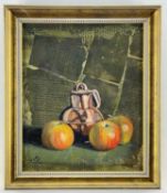 ‡ CAROLE JURY oil and collage on board - still-life of apples and vessel, entitled verso 'Copper