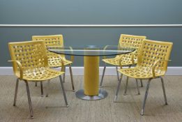 MODERN ITALIAN FASEM GLASS & STEEL DINING SUITE, tale with leather wrapped column, 130cms d., the