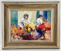 ‡ MATT BRUCE, oil on board - Florists, signed, 29 x 39cms