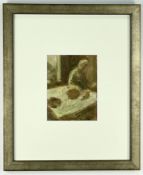 ‡ COLIN WATSON (b. 1966), oil on card - Interior with figure, (post framing image of inscription