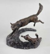 ‡ PAUL JENKINS MINIATURE SCULPTURE OF FOX & RABBIT, bronze, signed with initials, 10cms wide