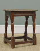17TH CENTURY JOINED OAK STOOL, moulted top above line moulded frieze, slender baluster legs tied