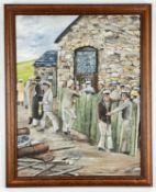J HAYES oil on board - historical Welsh scene, entitled verso 'Rescue Gang Collecting Lamps, Parc