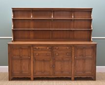 ERCOL 'OLD COLONIAL' ELM DRESSER, golden dawn finish, low delft rack above base fitted cupbaods