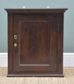 18TH CENTURY OAK MURAL CUPBOARD, ogee cornice above single panelled door, moulded base, 65w x 36d