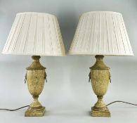 PAIR MODERN METAL URN TABLE LAMPS, stone effect painted metal with loose ring lions mask handles, on