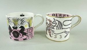 ERIC RAVILIOUS & RICHARD GUYATT FOR WEDGWOOD, two 1953 coronation commemorative tankards, 10.5cms
