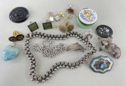 ASSORTED JEWELLERY comprising pietra dura oval brooch, various cufflinks, Crummles enamel patch box,