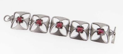 BENT LARSON: VINTAGE DANISH PEWTER METAL PANEL BRACELET, set with pink glass cabochons, signed,