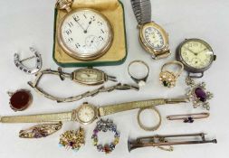 ASSORTED JEWELLERY & WATCHES comprising two 9ct gold ladies wristwatches with plated bracelets,