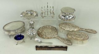 ASSORTED SILVER ITEMS, including oval trinket box, 5-bar toast rack, 3 pc cruet, Celtic border