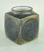 TROIKA MARMALADE POT, dark discs on a moss green ground, white glazed interior, Horizon Gallery