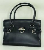 SALVATORE FERRAGAMO BLACK LEATHER HANDBAG, ser. no. AQ-21 4**2, 33cm x 24cm d Comments: tarnishing