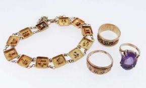 ASSORTED JEWELLERY comprising 9ct gold three stone diamond ring, 9ct gold dress ring set with semi-