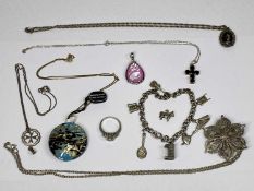 MURANO GLASS PENDANT ON SILVER GILT NECKLACE, white metal charm bracelet, modern 925 silver and