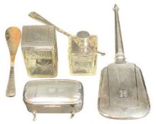 SIX PIECE SILVER DRESSING TABLE SET all engine turned with high quality monogram to each piece -