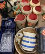 BOXED STUART CRYSTAL GLASS DECANTER & STOPPER, rose decorated pottery jugs and vases and other items