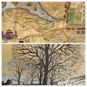 JOHN SPEEDE colour tinted map of Flint/Shire and three further pictures and prints to include