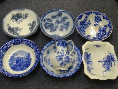 DOULTON BURSLEM BLUE & WHITE 'BUTTERCUP' WASH JUG & BOWL and five further blue and white pottery