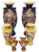 VINTAGE VASES, 3 PAIRS - to include a large pair of Japanese Satsuma, 63cms H, Victorian twin-