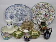 MIXED CERAMICS GROUP to include a vintage pin cushion doll, decorative jugs and vases, colourful