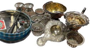SILVER MOUNTED GLASSWARE, Dutch silver tea strainer stamped '925' with import marks, EPNS ware along