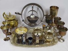 MIXED PLATED WARE including a commemorative 1977 Silver Jubilee goblet, three piece tea service
