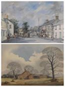 DORIS E CRICHTON mixed media - street scene with numerous figures including the Bee Hotel,