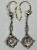 DIAMOND & SAPPHIRE PENDANT DROP EARRINGS, A PAIR - unmarked having 0.10ct stones to the tops and 0.