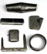 SMALL SILVER & WHITE METAL VESTA CASES (4), silver napkin ring and a floral embossed pocket knife,